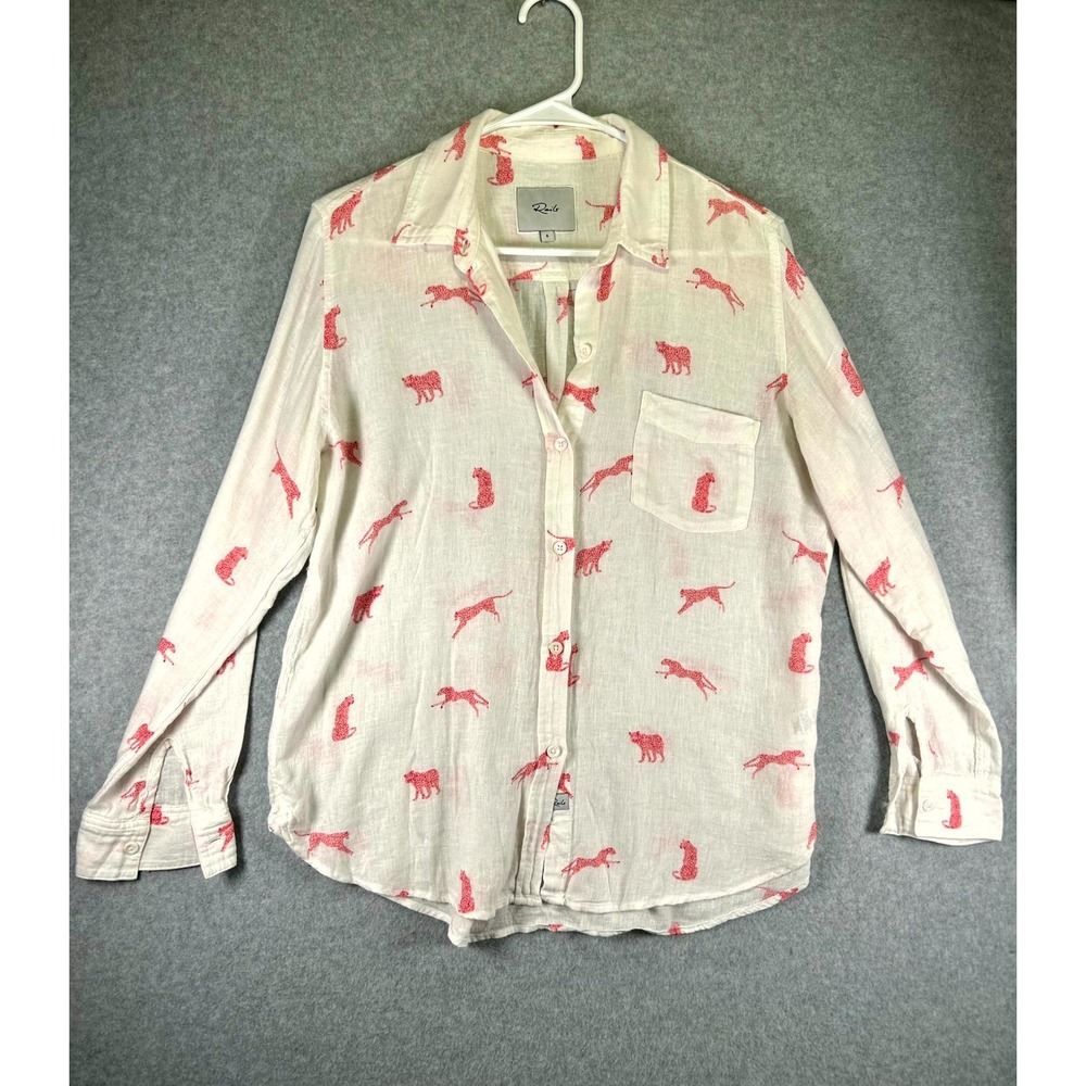 Rails Shirt Womens Small Cream Linen Leopard Print Casual Chest Pocket Button Up